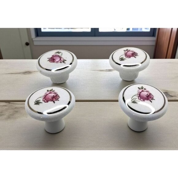 vintage set of 4 porcelain rose design round cabinet hardware door/drawer pulls. - Picture 2 of 9